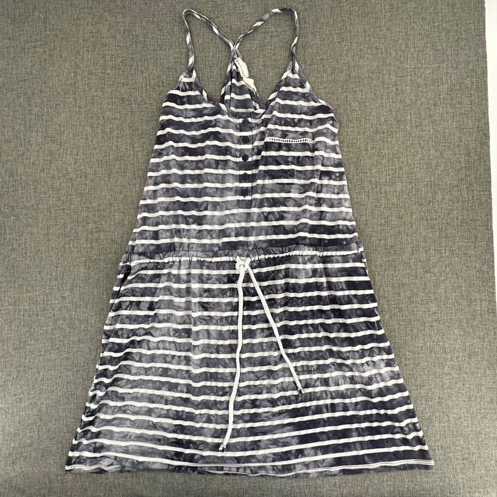 Dakini Striped Dress Waist Drawstring Spaghetti Straps Bluish Gray & White Large